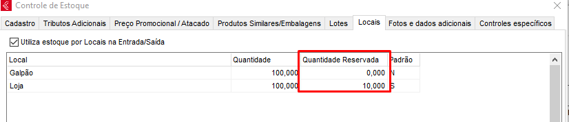 Quantidade reservada no local