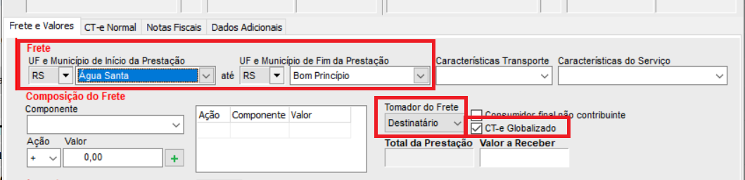 Aba Frete e Valores do CT-e