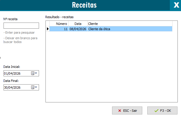 Receitas disponíveis para a NFC-e