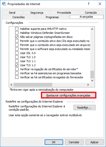 Restaurar Configurações Avançadas