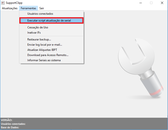 Menu Ferramentas, Executar script de atualização de serial Menu Executar script de atualização serial