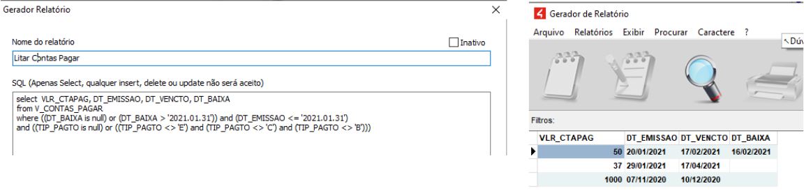 Contas a pagar listadas pelo Gerador de Relatórios