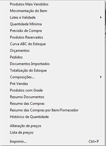 Relatórios no cadastro de estoque