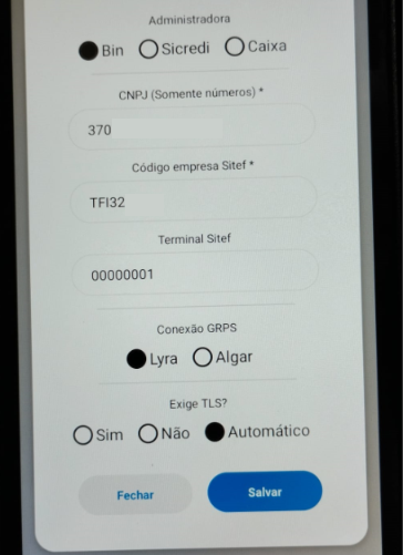 Tela de configuração da administradora Fiserv no ZPOS Configuração da administradora Fiserv
