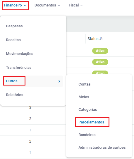 Menu Parcelamentos no ZetaWeb