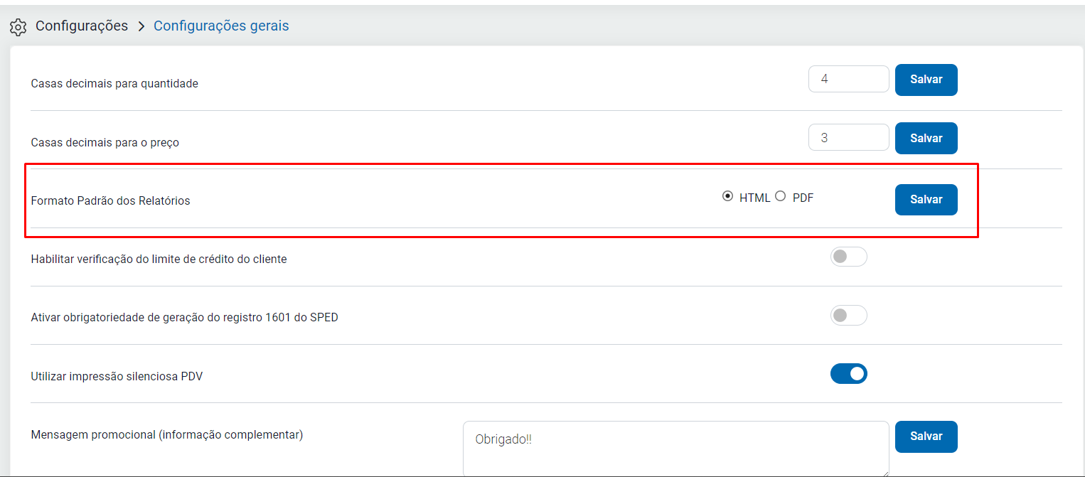 Definição do formato padrão HTML ou PDF dos relatórios Formato padrão dos relatórios
