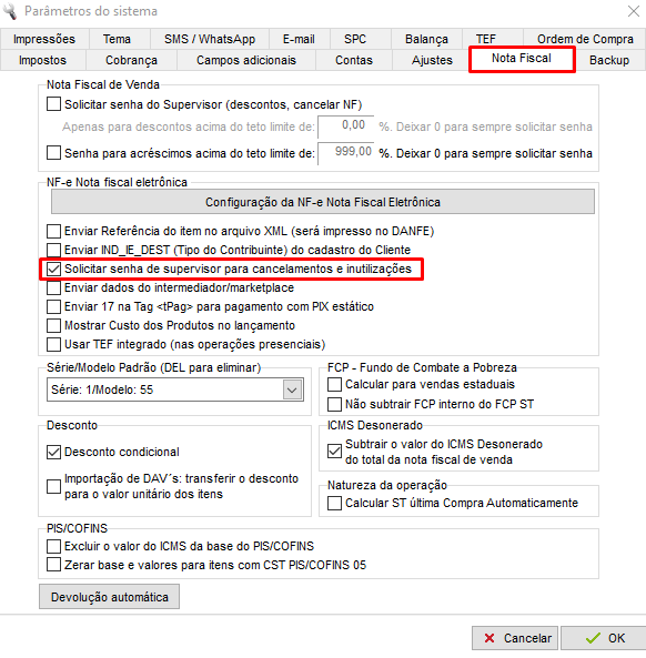 Configuração para solicitar senha de supervisor na aba Nota Fiscal Solicitar senha de supervisor