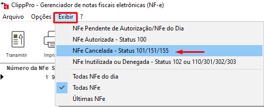 Nota inutilizada exibida na cor cinza no gerenciador Nota inutilizada em cinza