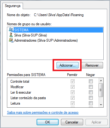 Botao Adicionar permissoes