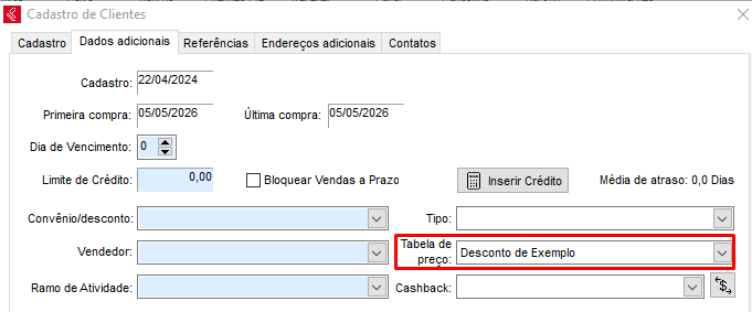Tabela de preços no cadastro do cliente