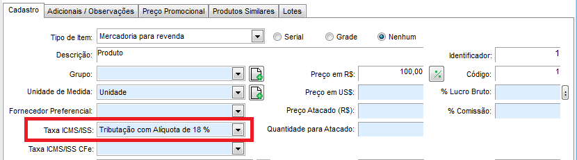 Cadastro do produto com 18%