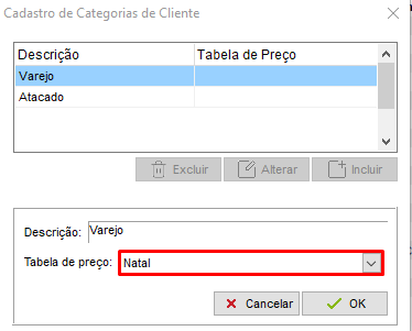 Tabela de preço na categoria