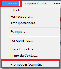 Menu Cadastros - Promoções ScannTech