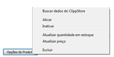 Botão Opções do Produto para atualizar o anúncio no SkyHub Opções do Produto no SkyHub