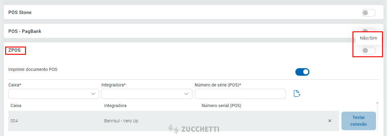 Teste de conexão do ZPOS