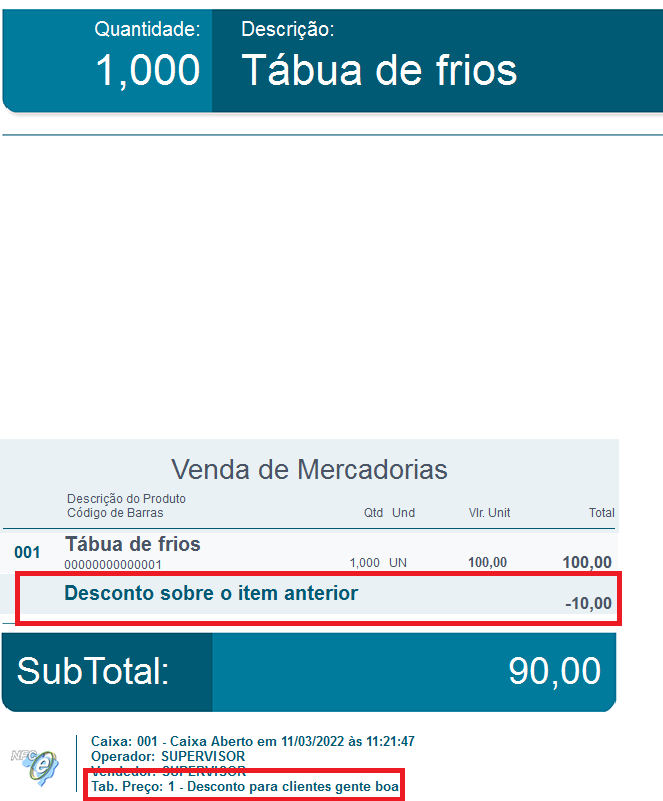 Desconto e tabela de origem na NFC-e
