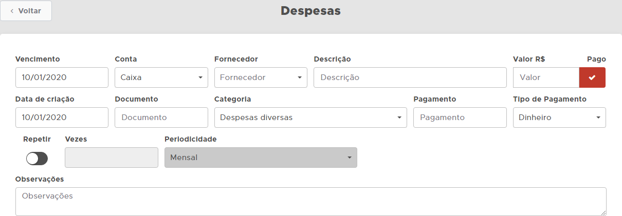 Tela de lançamento de despesa