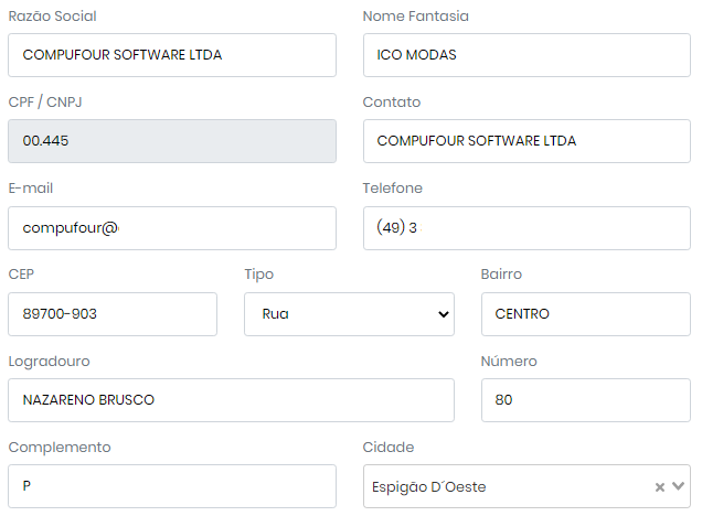 Cadastro dos dados da empresa