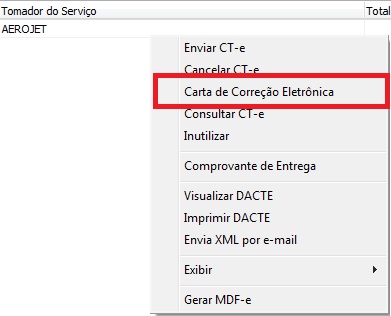 Opção Carta de Correção Eletrônica no CT-e autorizado Opção Carta de Correção Eletrônica